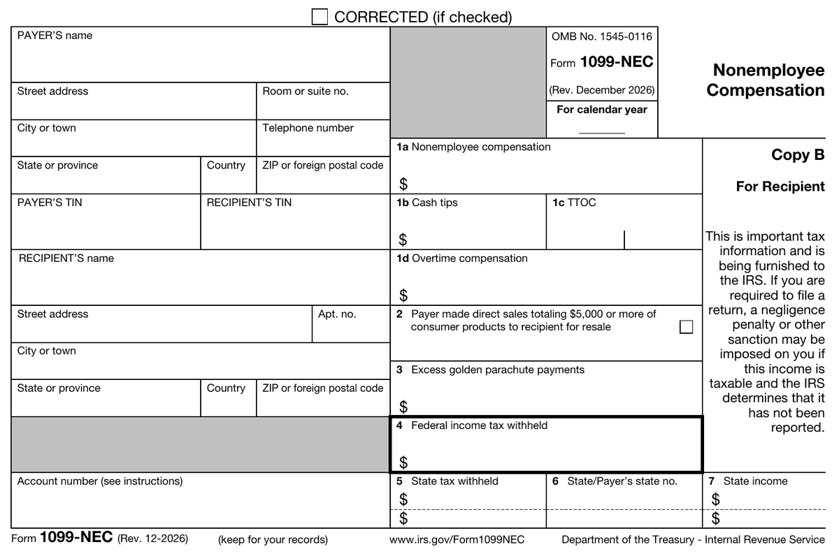 Copy B of IRS Form 1099-NEC, December 2026 revision, with box 1 split into 1a nonemployee compensation, 1b cash tips, 1c TTOC and 1d overtime compensation