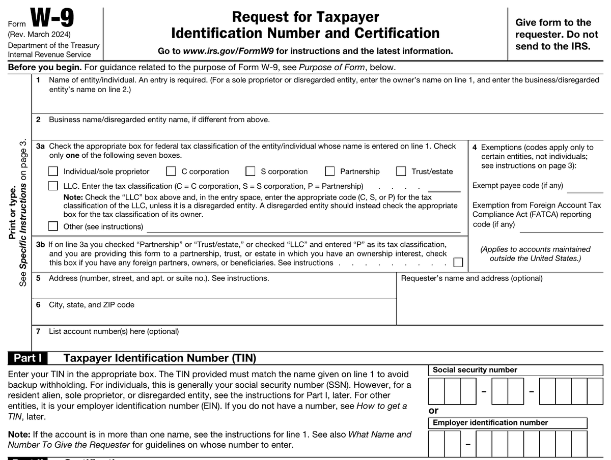 The top half of IRS Form W-9, Request for Taxpayer Identification Number and Certification, March 2024 revision, showing lines 1 to 7 and Part I for a Social Security or employer identification number